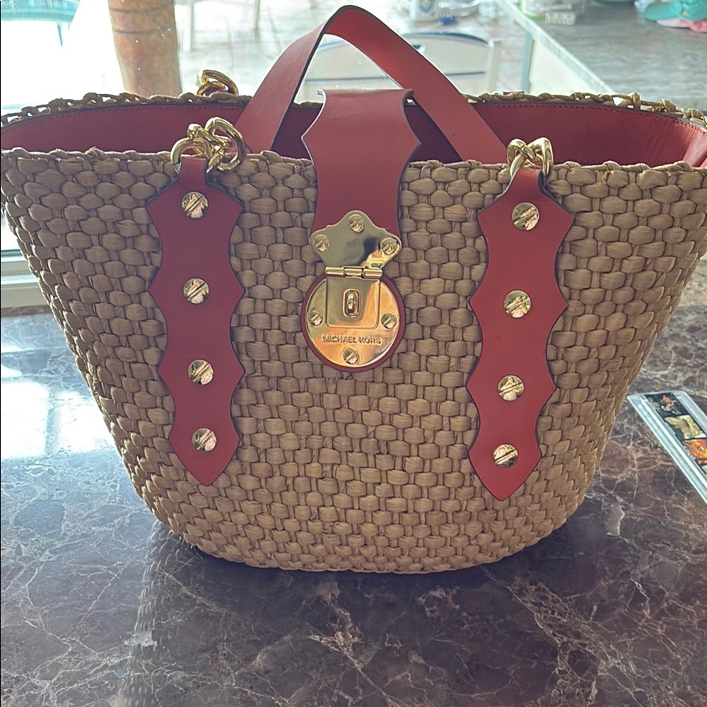 Michael Kors SANTORINI Woven tote with Leather accents NWT